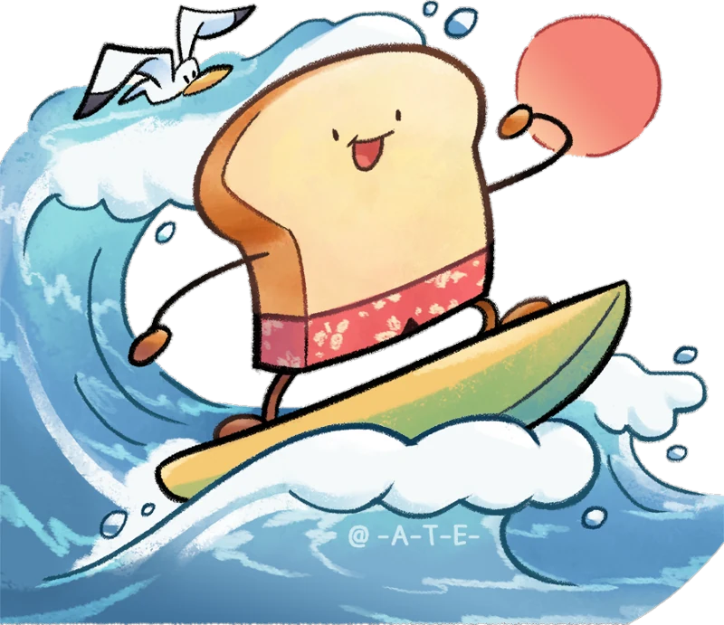 Toast Surfer rides a wave on a surfboard